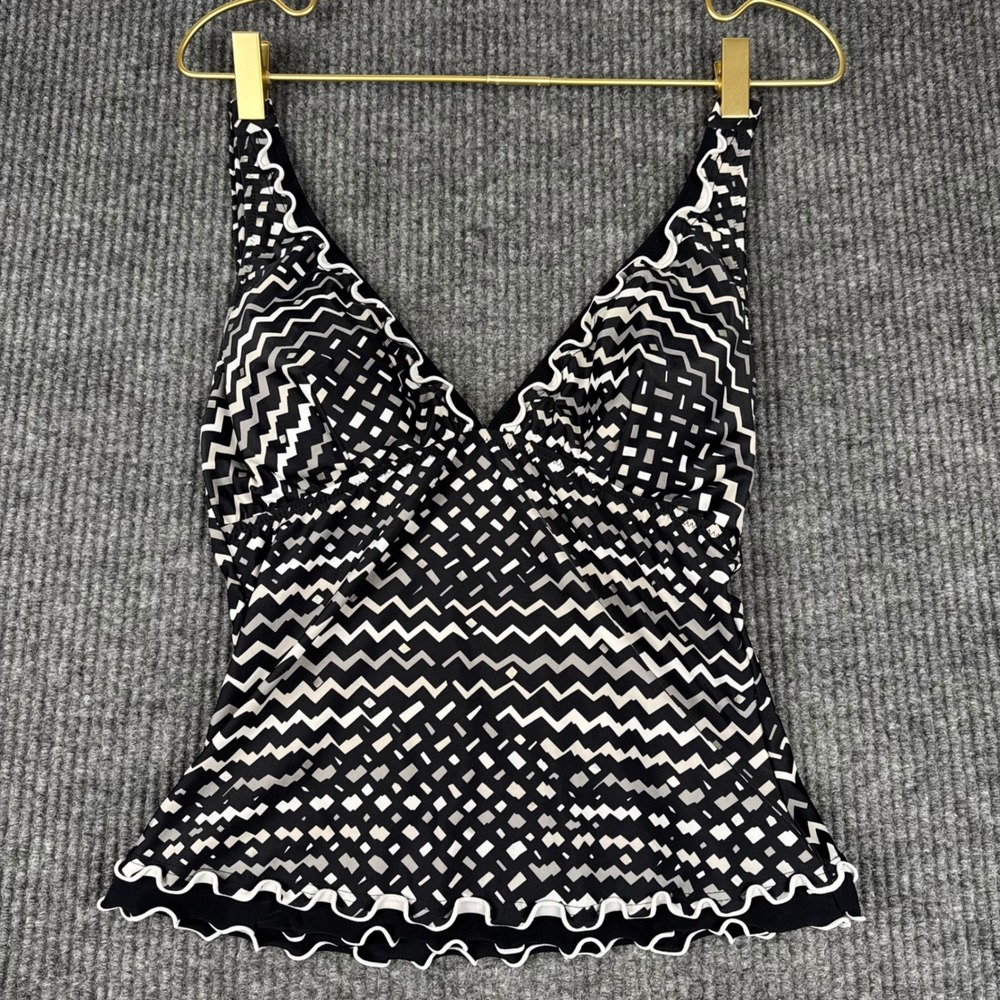 Profile Geometric Chevron Tankini Top Black White Grey Lettuce Edge Ruffle